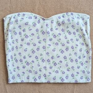 H&M Divided White Purple Floral Ribbed Knit Cropped Strapless Tube Top